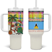 Saint Lucia Christmas Tumbler With Handle with Parrot Palm Tree Snowman and Plaid Holiday - Wonder Print Shop