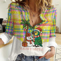 Saint Lucia Christmas Women Casual Shirt with Parrot Palm Tree Snowman and Plaid Holiday - Wonder Print Shop