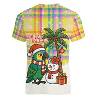 Saint Lucia Christmas Women V-Neck T-Shirt with Parrot Palm Tree Snowman and Plaid Holiday - Wonder Print Shop