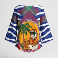 West Indies Christmas Kimono Sleeve Blouse with Tropical Snowman Palm Tree Gingerbread and Plaid Design - Wonder Print Shop