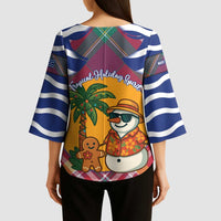 West Indies Christmas Kimono Sleeve Blouse with Tropical Snowman Palm Tree Gingerbread and Plaid Design - Wonder Print Shop