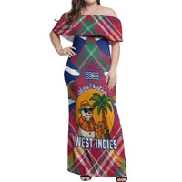West Indies Christmas Off Shoulder Maxi Dress with Tropical Snowman Palm Tree Gingerbread and Plaid Design - Wonder Print Shop
