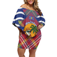 West Indies Christmas Off Shoulder Short Dress with Tropical Snowman Palm Tree Gingerbread and Plaid Design - Wonder Print Shop