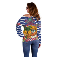 West Indies Christmas Off Shoulder Sweater with Tropical Snowman Palm Tree Gingerbread and Plaid Design - Wonder Print Shop