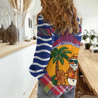 West Indies Christmas Women Casual Shirt with Tropical Snowman Palm Tree Gingerbread and Plaid Design - Wonder Print Shop