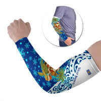West Indies Christmas Arm Sleeves with Santa Riding Turtle Palm Tree and Tribal Snowflake Design - Wonder Print Shop