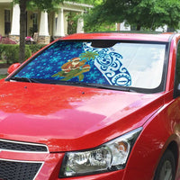 West Indies Christmas Auto Sun Shade with Santa Riding Turtle Palm Tree and Tribal Snowflake Design - Wonder Print Shop