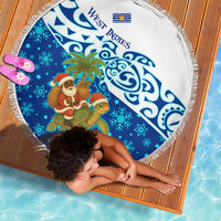 West Indies Christmas Beach Blanket with Santa Riding Turtle Palm Tree and Tribal Snowflake Design - Wonder Print Shop