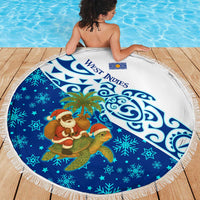 West Indies Christmas Beach Blanket with Santa Riding Turtle Palm Tree and Tribal Snowflake Design - Wonder Print Shop