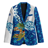 West Indies Christmas Blazer with Santa Riding Turtle Palm Tree and Tribal Snowflake Design - Wonder Print Shop