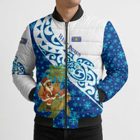 West Indies Christmas Bomber Puffer Jacket with Santa Riding Turtle Palm Tree and Tribal Snowflake Design - Wonder Print Shop