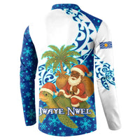 West Indies Christmas Button Sweatshirt with Santa Riding Turtle Palm Tree and Tribal Snowflake Design - Wonder Print Shop