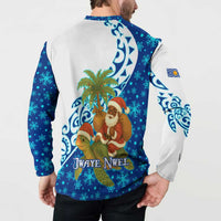West Indies Christmas Button Sweatshirt with Santa Riding Turtle Palm Tree and Tribal Snowflake Design - Wonder Print Shop