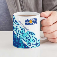 West Indies Christmas Ceramic Mug with Santa Riding Turtle Palm Tree and Tribal Snowflake Design - Wonder Print Shop