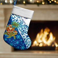 West Indies Christmas Stocking with Santa Riding Turtle Palm Tree and Tribal Snowflake Design - Wonder Print Shop