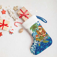 West Indies Christmas Stocking with Santa Riding Turtle Palm Tree and Tribal Snowflake Design - Wonder Print Shop