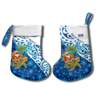 West Indies Christmas Stocking with Santa Riding Turtle Palm Tree and Tribal Snowflake Design - Wonder Print Shop