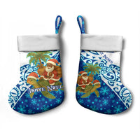 West Indies Christmas Stocking with Santa Riding Turtle Palm Tree and Tribal Snowflake Design - Wonder Print Shop