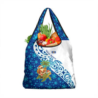 West Indies Christmas Grocery Bag with Santa Riding Turtle Palm Tree and Tribal Snowflake Design - Wonder Print Shop