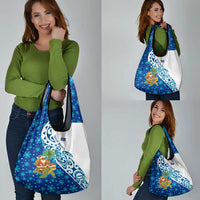 West Indies Christmas Grocery Bag with Santa Riding Turtle Palm Tree and Tribal Snowflake Design - Wonder Print Shop