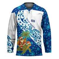 West Indies Christmas Hockey Jersey with Santa Riding Turtle Palm Tree and Tribal Snowflake Design - Wonder Print Shop