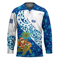 West Indies Christmas Hockey Jersey with Santa Riding Turtle Palm Tree and Tribal Snowflake Design - Wonder Print Shop