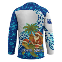 West Indies Christmas Hockey Jersey with Santa Riding Turtle Palm Tree and Tribal Snowflake Design - Wonder Print Shop