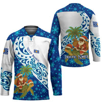 West Indies Christmas Hockey Jersey with Santa Riding Turtle Palm Tree and Tribal Snowflake Design - Wonder Print Shop