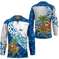 West Indies Christmas Hockey Jersey with Santa Riding Turtle Palm Tree and Tribal Snowflake Design - Wonder Print Shop