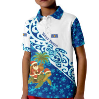 West Indies Christmas Kid Polo Shirt with Santa Riding Turtle Palm Tree and Tribal Snowflake Design - Wonder Print Shop