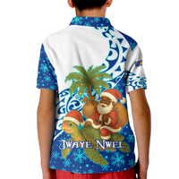 West Indies Christmas Kid Polo Shirt with Santa Riding Turtle Palm Tree and Tribal Snowflake Design - Wonder Print Shop