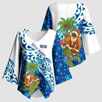 West Indies Christmas Kimono Sleeve Blouse with Santa Riding Turtle Palm Tree and Tribal Snowflake Design - Wonder Print Shop