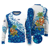 West Indies Christmas Ugly Christmas Sweater with Santa Riding Turtle Palm Tree and Tribal Snowflake Design - Wonder Print Shop
