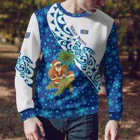 West Indies Christmas Ugly Christmas Sweater with Santa Riding Turtle Palm Tree and Tribal Snowflake Design - Wonder Print Shop
