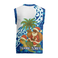 West Indies Christmas Knitted V-Neck Vest with Santa Riding Turtle Palm Tree and Tribal Snowflake Design - Wonder Print Shop