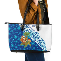 West Indies Christmas Leather Tote Bag with Santa Riding Turtle Palm Tree and Tribal Snowflake Design - Wonder Print Shop
