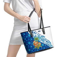 West Indies Christmas Leather Tote Bag with Santa Riding Turtle Palm Tree and Tribal Snowflake Design - Wonder Print Shop