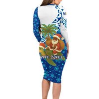 West Indies Christmas Long Sleeve Bodycon Dress with Santa Riding Turtle Palm Tree and Tribal Snowflake Design - Wonder Print Shop