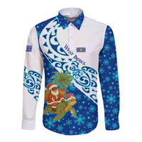 West Indies Christmas Long Sleeve Button Shirt with Santa Riding Turtle Palm Tree and Tribal Snowflake Design - Wonder Print Shop