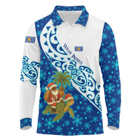 West Indies Christmas Long Sleeve Polo Shirt with Santa Riding Turtle Palm Tree and Tribal Snowflake Design - Wonder Print Shop