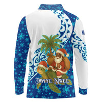 West Indies Christmas Long Sleeve Polo Shirt with Santa Riding Turtle Palm Tree and Tribal Snowflake Design - Wonder Print Shop
