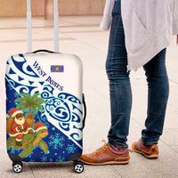 West Indies Christmas Luggage Cover with Santa Riding Turtle Palm Tree and Tribal Snowflake Design - Wonder Print Shop