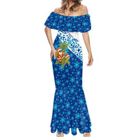 West Indies Christmas Mermaid Dress with Santa Riding Turtle Palm Tree and Tribal Snowflake Design - Wonder Print Shop