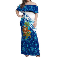 West Indies Christmas Off Shoulder Maxi Dress with Santa Riding Turtle Palm Tree and Tribal Snowflake Design - Wonder Print Shop