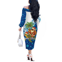 West Indies Christmas Off The Shoulder Long Sleeve Dress with Santa Riding Turtle Palm Tree and Tribal Snowflake Design - Wonder Print Shop