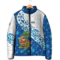 West Indies Christmas Padded Jacket with Santa Riding Turtle Palm Tree and Tribal Snowflake Design - Wonder Print Shop