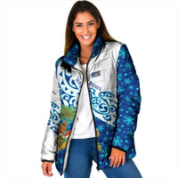 West Indies Christmas Padded Jacket with Santa Riding Turtle Palm Tree and Tribal Snowflake Design - Wonder Print Shop