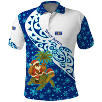 West Indies Christmas Polo Shirt with Santa Riding Turtle Palm Tree and Tribal Snowflake Design - Wonder Print Shop
