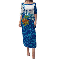 West Indies Christmas Puletasi with Santa Riding Turtle Palm Tree and Tribal Snowflake Design - Wonder Print Shop