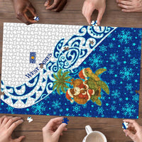 West Indies Christmas Puzzle with Santa Riding Turtle Palm Tree and Tribal Snowflake Design - Wonder Print Shop